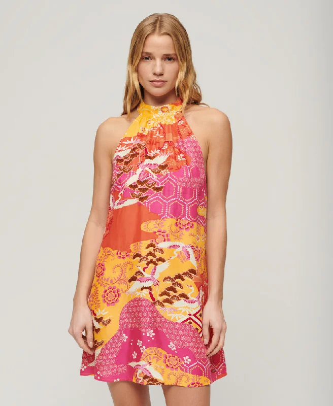 Sleeveless Printed Mini Dress | Gold Pink Stork Cloud Trendy Mesh Mini Dress