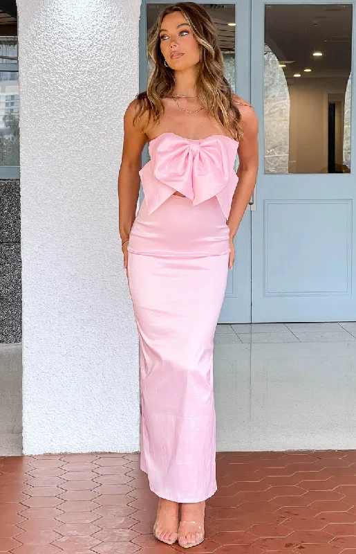 Viar Pink Bow Maxi Dress Cozy Ruffle Sleeve Maxi Dress