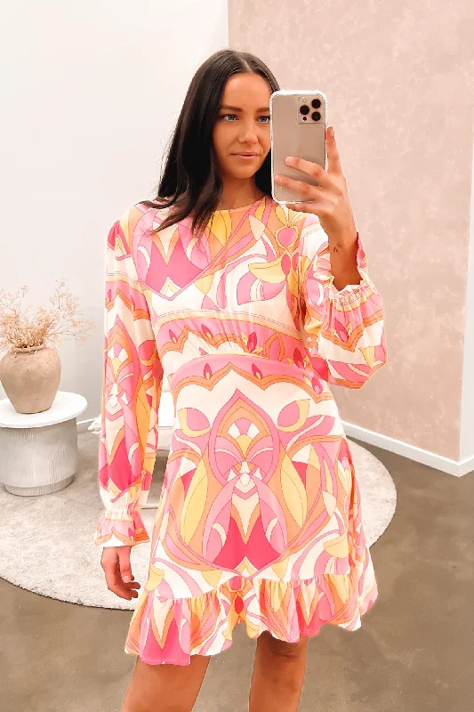 Vivienne Frill Hem Mini Dress Pink Geo Comfortable Smocked Mini Dress