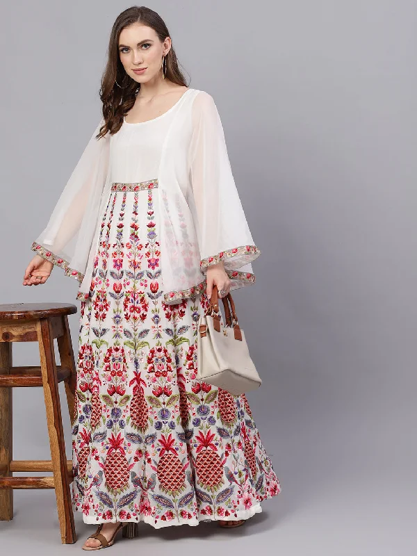 Women's White Embroidered Maxi Dress With Cape Sleeves - Aks Stylish One-Shoulder Maxi Dress Women's White Embroidered Maxi Dress With Cape Sleeves - Aks Stylish One-Shoulder Maxi Dress