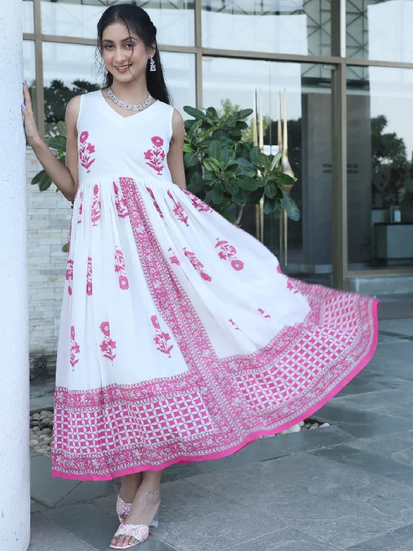 Women's White Floral Mulmul Maxi Dress - Aks Cozy Cold-Shoulder Maxi Dress