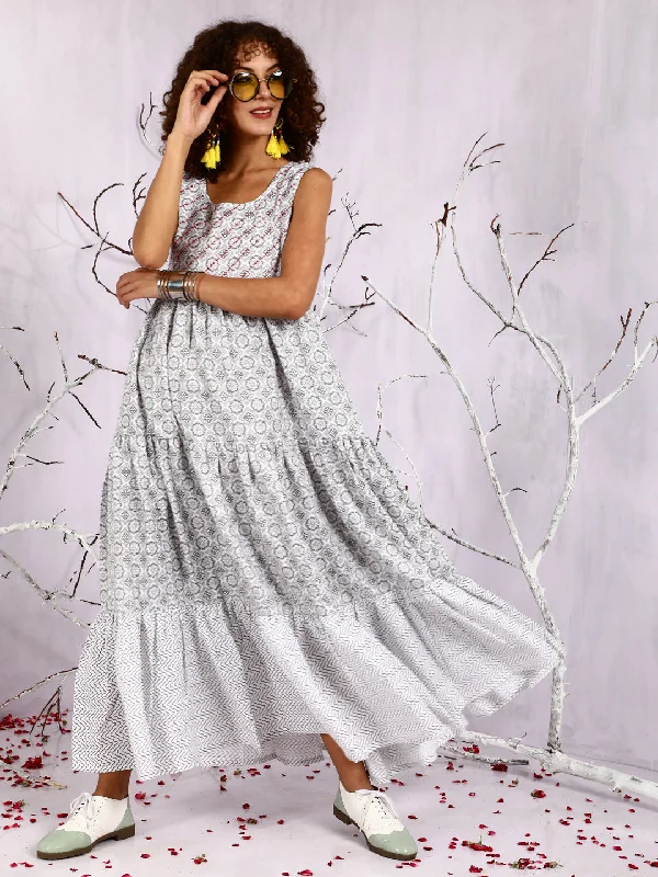 Women's White Floral Print Sequin Tiered Maxi Dress - Aks Casual Maxi Dress with Pockets Women's White Floral Print Sequin Tiered Maxi Dress - Aks Casual Maxi Dress with Pockets