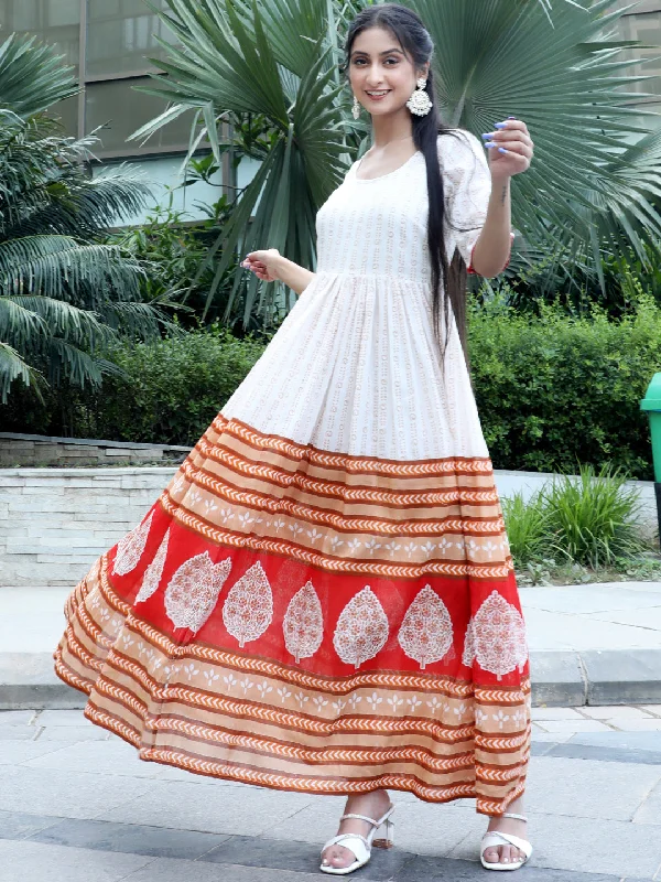 Women's White Printed Gathered Maxi Dress - Aks Classic Solid Maxi Dress