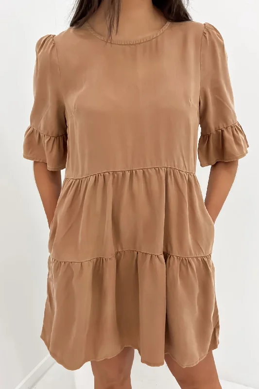 Willow Tiered Mini Dress Tan Elegant Vintage Mini Dress