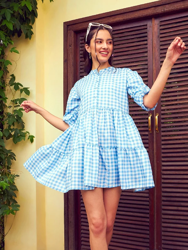 Women's Blue Check Tiered Mini Dress - SASSAFRAS Casual Mini Dress with Pockets