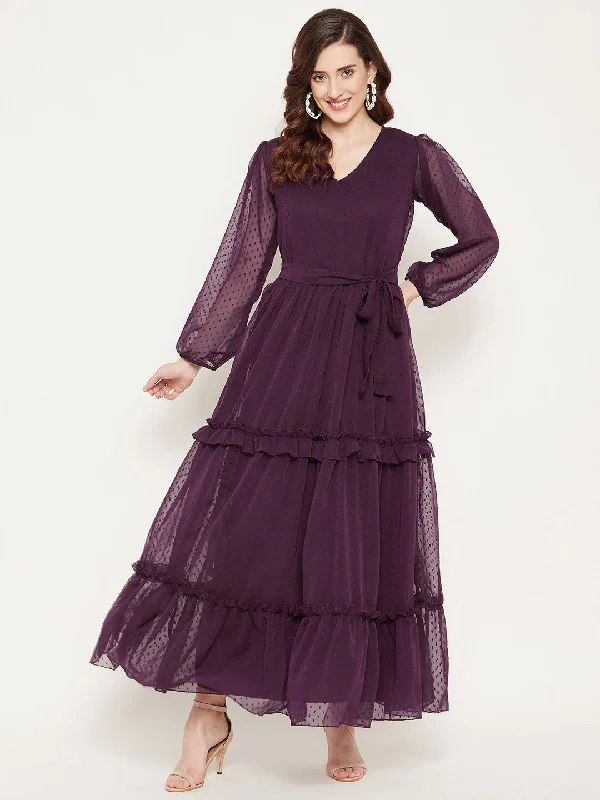 Women's Red Georgette Tiered Dobby Maxi Dress - Bitterlime Fashionable Faux Wrap Maxi Dress Women's Red Georgette Tiered Dobby Maxi Dress - Bitterlime Fashionable Faux Wrap Maxi Dress