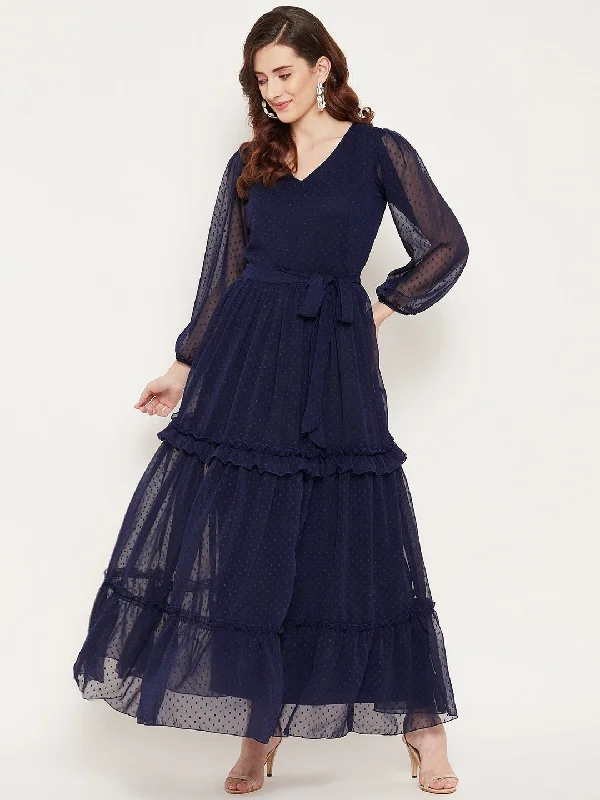 Women's Navy Blue Georgette Tiered Dobby Maxi Dress - Bitterlime Fashionable Sheer Maxi Dress