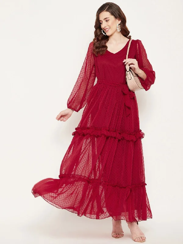 Women's Burgundy Georgette Tiered Dobby Maxi Dress - Bitterlime Trendy Maxi Dress with Lace Women's Burgundy Georgette Tiered Dobby Maxi Dress - Bitterlime Trendy Maxi Dress with Lace