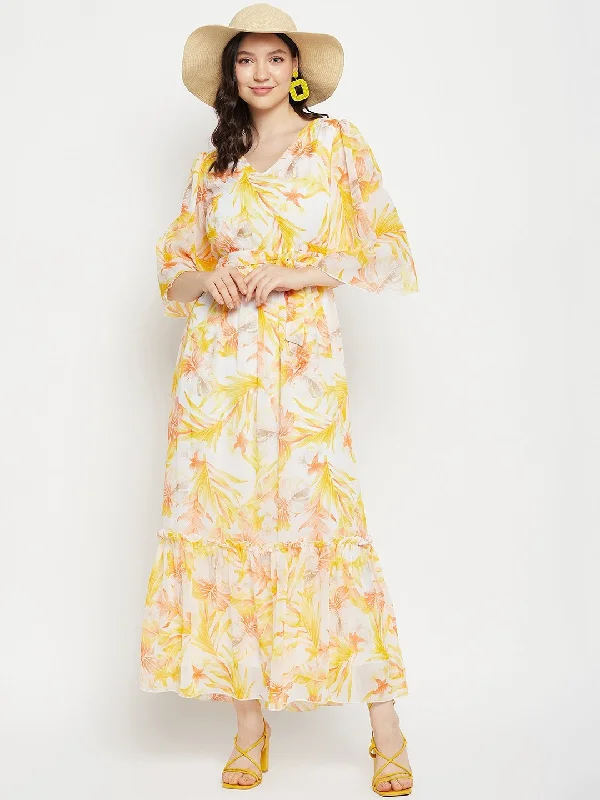 Women's White & Mustard Tropical Printed Maxi Dress - BitterLime Comfortable Maxi Dress with Slits Women's White & Mustard Tropical Printed Maxi Dress - BitterLime Comfortable Maxi Dress with Slits