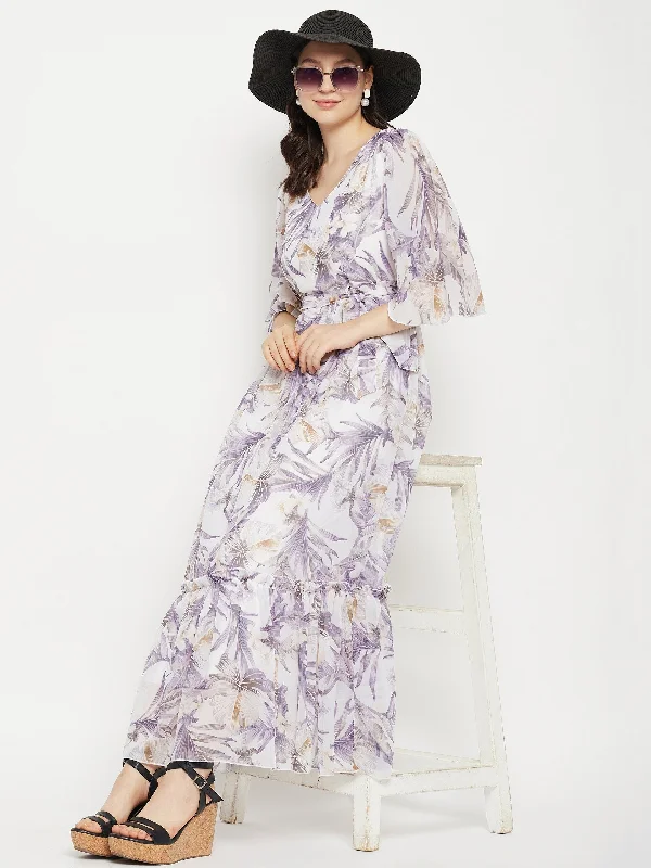 Women's White & Grey Tropical Printed Maxi Dress - BitterLime Stylish Boho Maxi Dress Women's White & Grey Tropical Printed Maxi Dress - BitterLime Stylish Boho Maxi Dress