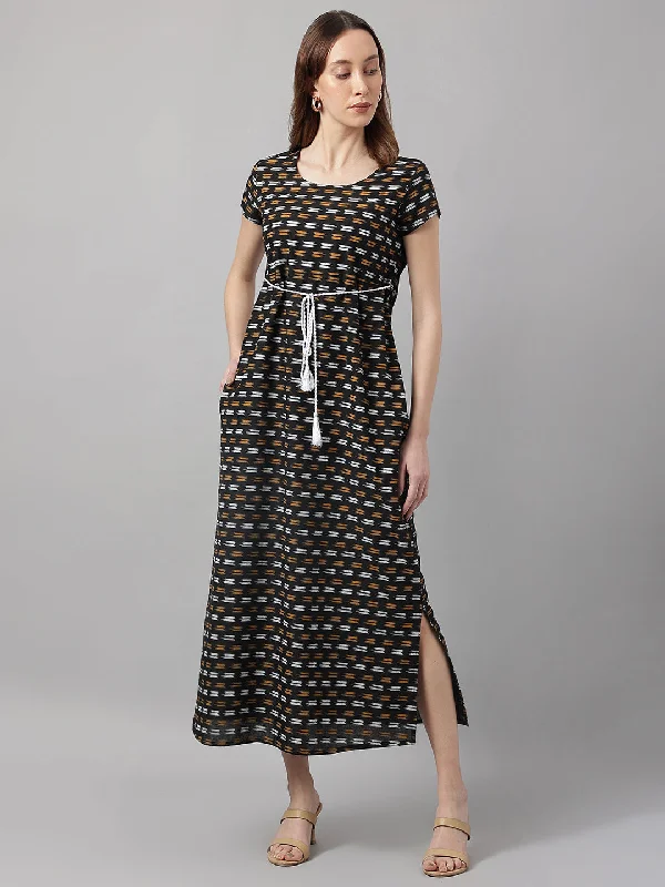 Women's Black Ikat Printed Maxi Dress - Deckedup Comfortable T-Shirt Maxi Dress