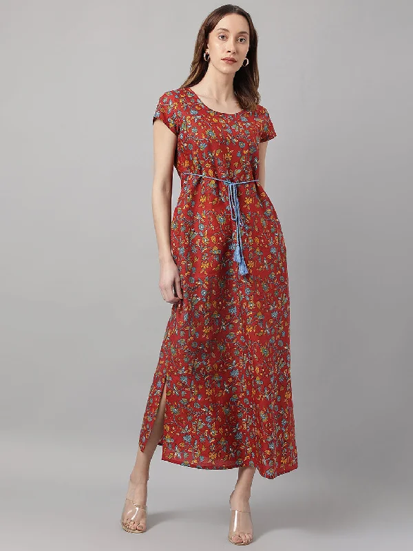 Women's Maroon Printed Maxi Dress - Deckedup Fashionable Chiffon Maxi Dress