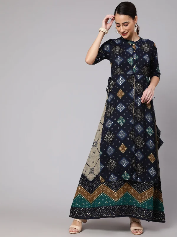 Women's Navy Blue Bandhani Printed Layered Maxi Dress - Aks Fashionable Asymmetrical Maxi Dress