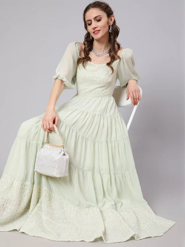 Women's Sea Green Sequenced Tiered Maxi Dress - Aks Comfortable Ruffle Hem Maxi Dress Women's Sea Green Sequenced Tiered Maxi Dress - Aks Comfortable Ruffle Hem Maxi Dress