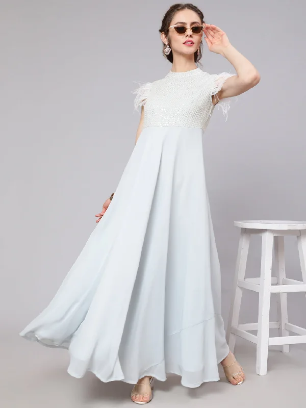 Women's Blue Sequenced Flared Maxi Dress With Fur Lace Detail - Aks Elegant Velvet Maxi Dress