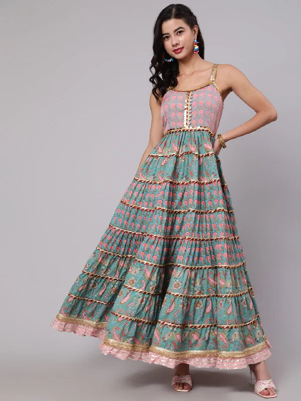 Women's Light Blue & Pink Floral Printed Tiered Maxi Dress With Lace Details - Aks Fashionable Sheer Maxi Dress Women's Light Blue & Pink Floral Printed Tiered Maxi Dress With Lace Details - Aks Fashionable Sheer Maxi Dress