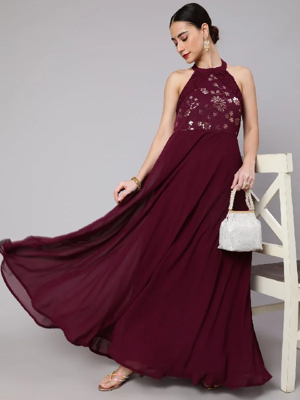Women's Purple Sequence Work Flared Maxi Dress - Aks Elegant Lace-Up Maxi Dress