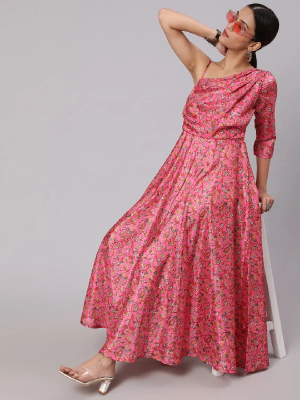 Women's Pink Floral Printed Flared Maxi Dress - Aks Trendy Satin Maxi Dress