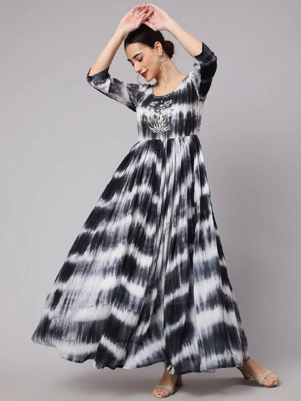 Women's Black & White Tie & Dye Maxi Dress - Aks Chic Off-Shoulder Maxi Dress