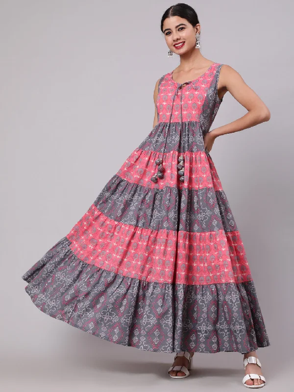 Women's Pink & Grey Floral Printed Tiered Maxi Dress - Aks Stylish Maxi Dress with Frills Women's Pink & Grey Floral Printed Tiered Maxi Dress - Aks Stylish Maxi Dress with Frills