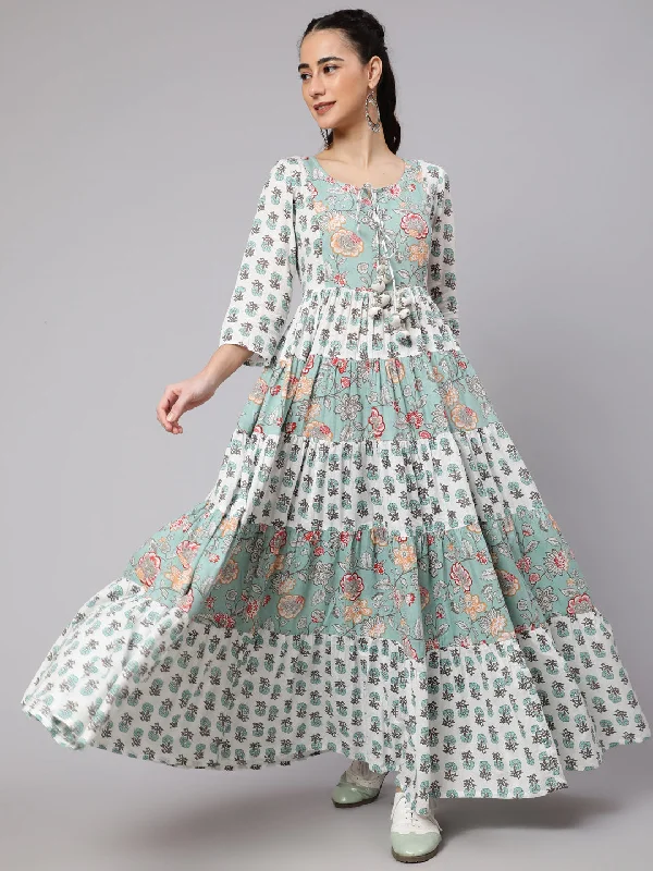 Women's White & Powder Green Floral Printed Tiered Maxi Dress - Aks Trendy Maxi Dress with Lace Women's White & Powder Green Floral Printed Tiered Maxi Dress - Aks Trendy Maxi Dress with Lace