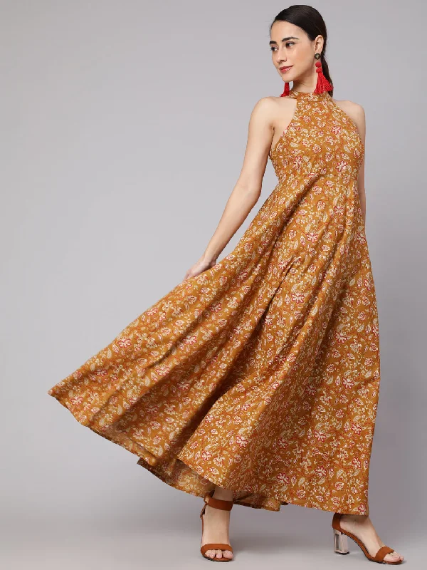 Women's Musted Floral Printed Flared Maxi Dress - Aks Stylish Boho Maxi Dress
