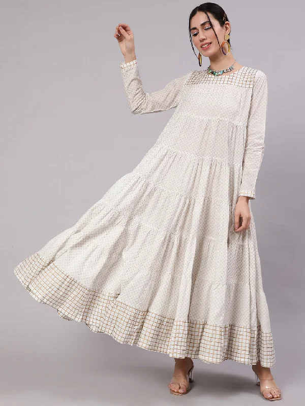 Women's Cream Gold Printed Tiered Maxi Dress - Aks Comfortable Maxi Dress with Slits Women's Cream Gold Printed Tiered Maxi Dress - Aks Comfortable Maxi Dress with Slits