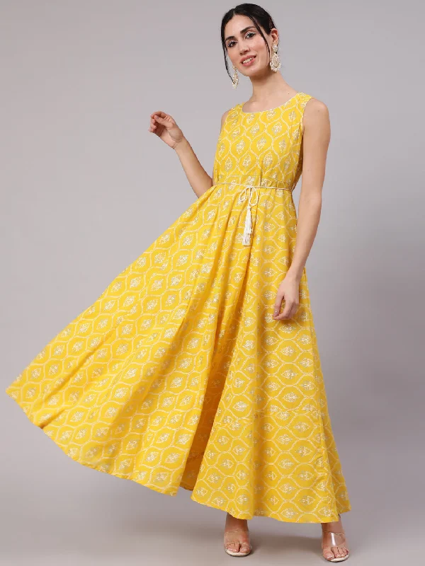 Women's Yellow Khadi Printed Flared Maxi Dress - Aks Cozy Knitted Maxi Dress