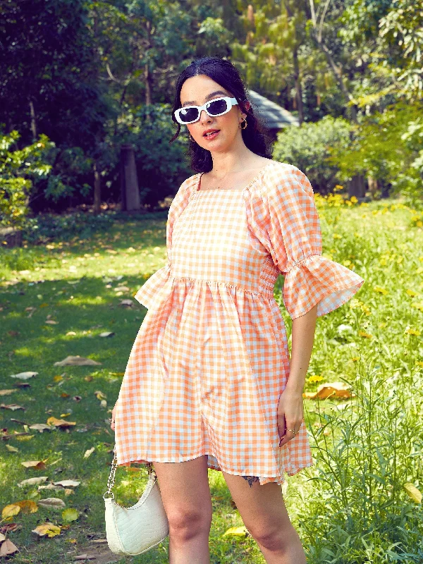 Women's Peach Check Puff Sleeves Mini Dress - SASSAFRAS Fashionable Party Mini Dress
