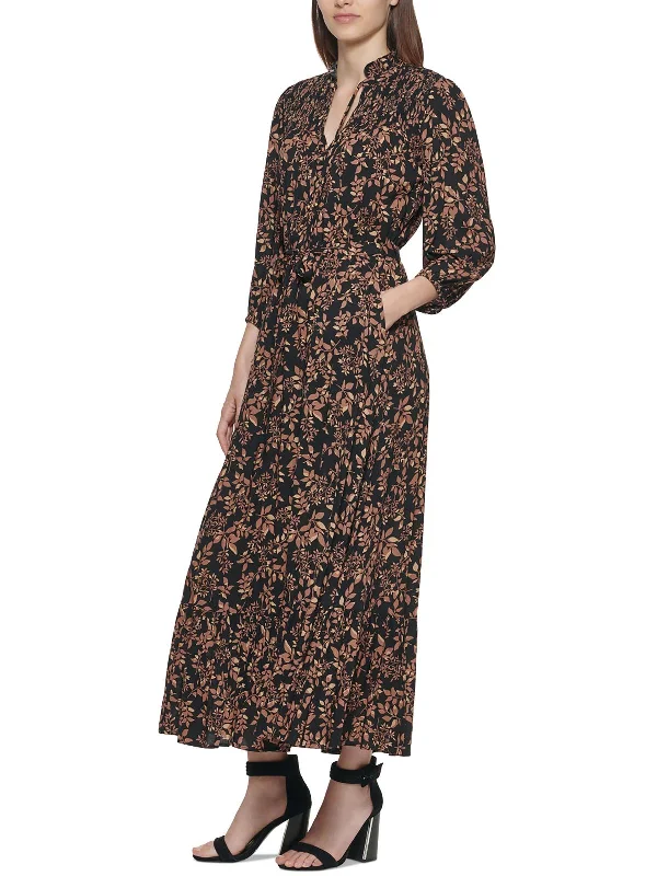 Womens Smocked Rayon Maxi Dress Elegant Maxi Dress with Slit