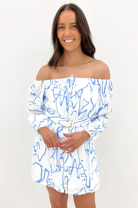 Wynter Mini Dress White Blue Chic Mini Dress with V-Neck