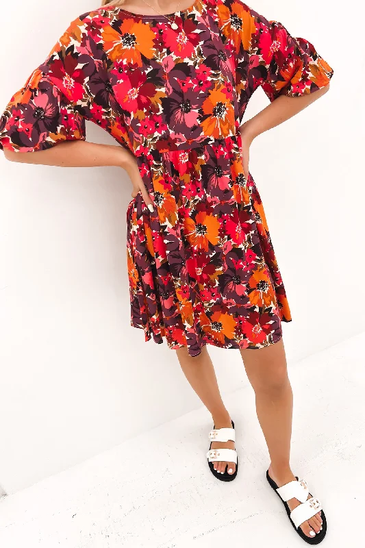 Yasmin Bubble Sleeve Mini Dress Berry Floral Comfortable Off-Shoulder Mini Dress