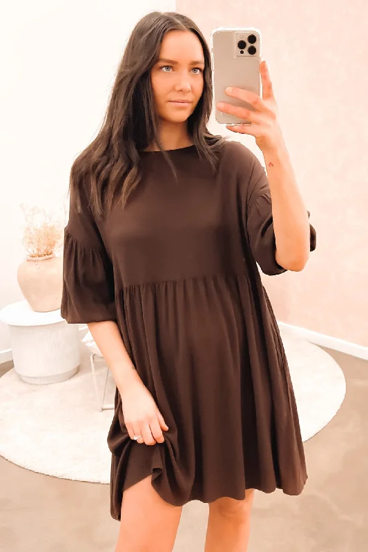 Yasmin Bubble Sleeve Mini Dress Chocolate Trendy Tulle Mini Dress
