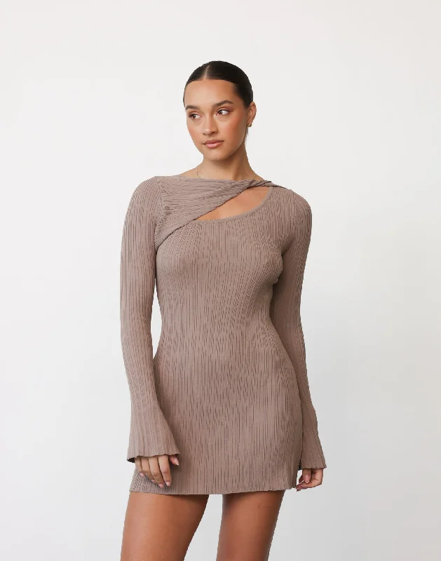 Yasmin Mini Dress (Mocha) Chic Mini Dress with V-Neck