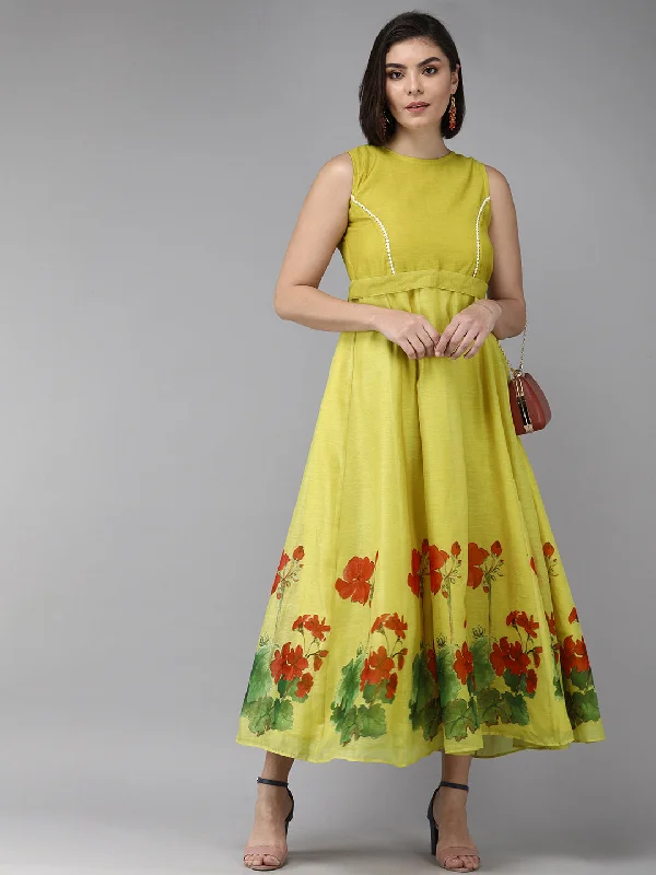 Women's Yellow Floral Chanderi Silk Maxi Dress - Bhama Couture Cozy Cold-Shoulder Maxi Dress Women's Yellow Floral Chanderi Silk Maxi Dress - Bhama Couture Cozy Cold-Shoulder Maxi Dress