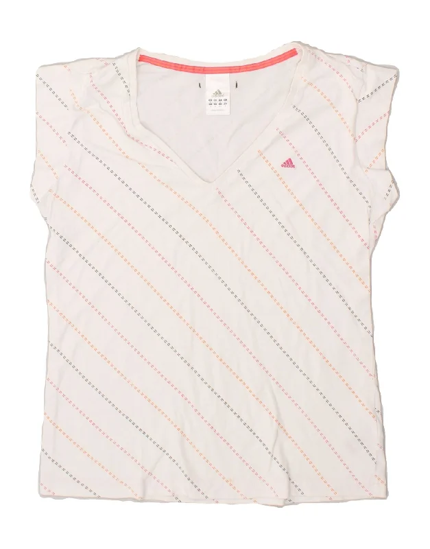 ADIDAS Womens T-Shirt Top UK 18 XL White Striped Cotton Wool Fabric Cashmere Fabric Tweed Fabric