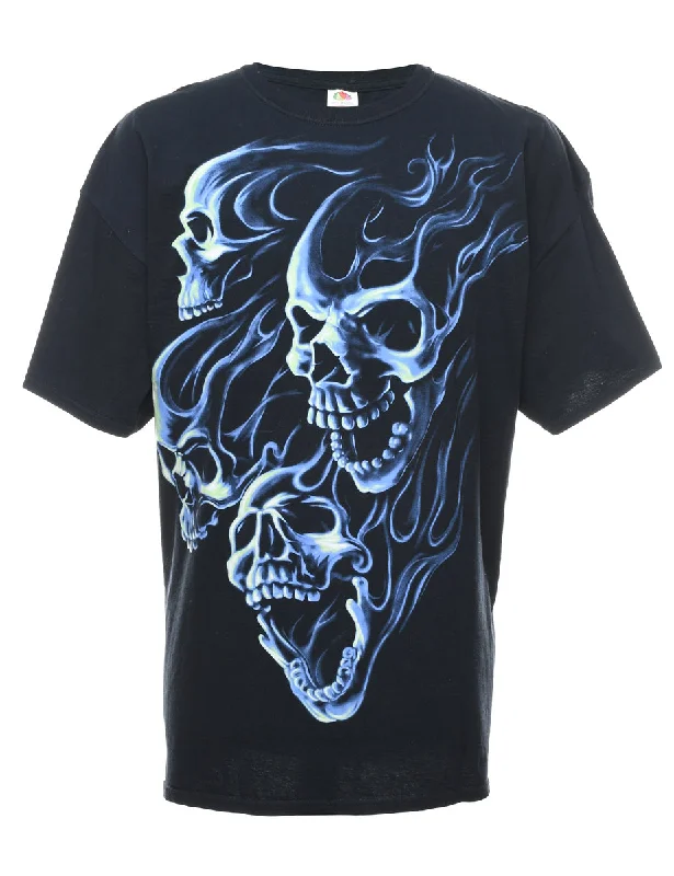Black & Blue Y2K Skull Print T-shirt - XXL Thin T-Shirt Open Front Quick Dry