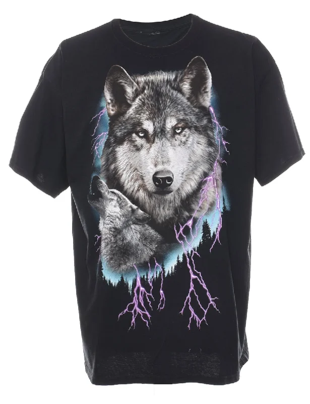 Black & Pink Wolf Print Animal T-shirt - L Embroidered Appliqued Beaded