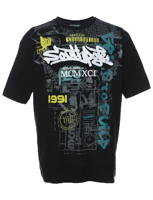 Black South Pole Appliqued Y2K T-Shirt - XL Anti-Shrink Durable Soft