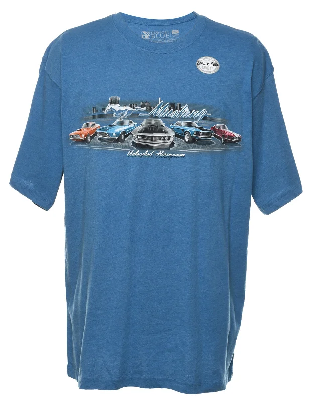 Blue Mustang Design Printed T-shirt - XL Front Pockets Side Pockets Patch Pockets