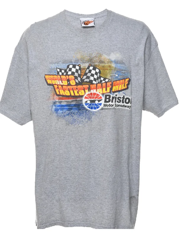 Grey Racing Design Printed T-shirt - XL Striped Floral Plaid