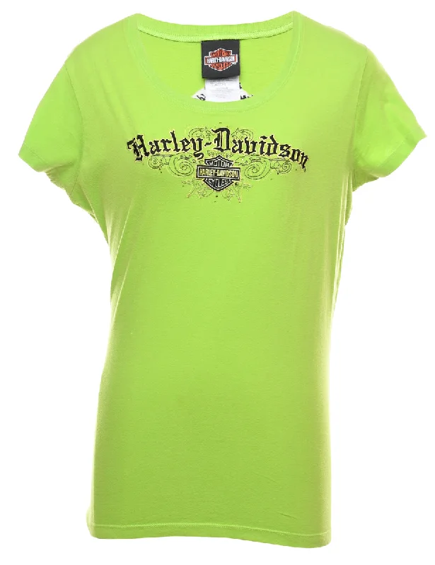 Harley Davidson Printed Lime Green Y2K T-shirt - L Embroidered Appliqued Beaded