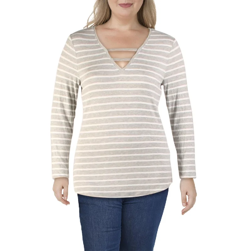 INC Womens Striped V-Neck T-Shirt Notch Collar Peter Pan Collar Cowl Neck