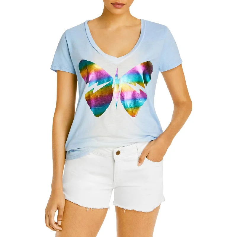 Lauren Moshi Womens Metallic V-Neck Graphic T-Shirt Elegant Classic Vintage