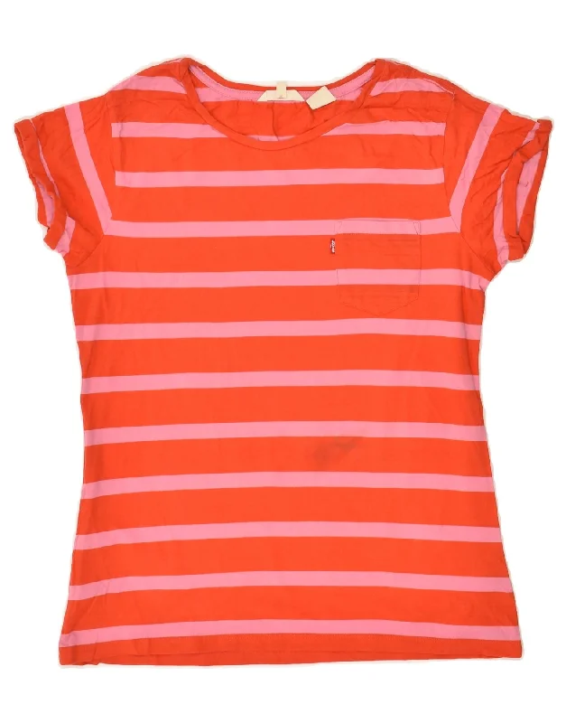 LEVI'S Womens T-Shirt Top UK 12 Medium Red Striped Cotton Beaded Sequined Faux Fur