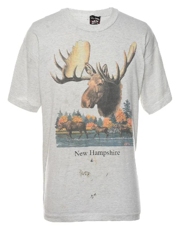 Marl Grey Printed Moose Design T-shirt - L Hooded Caped Shawl Collar