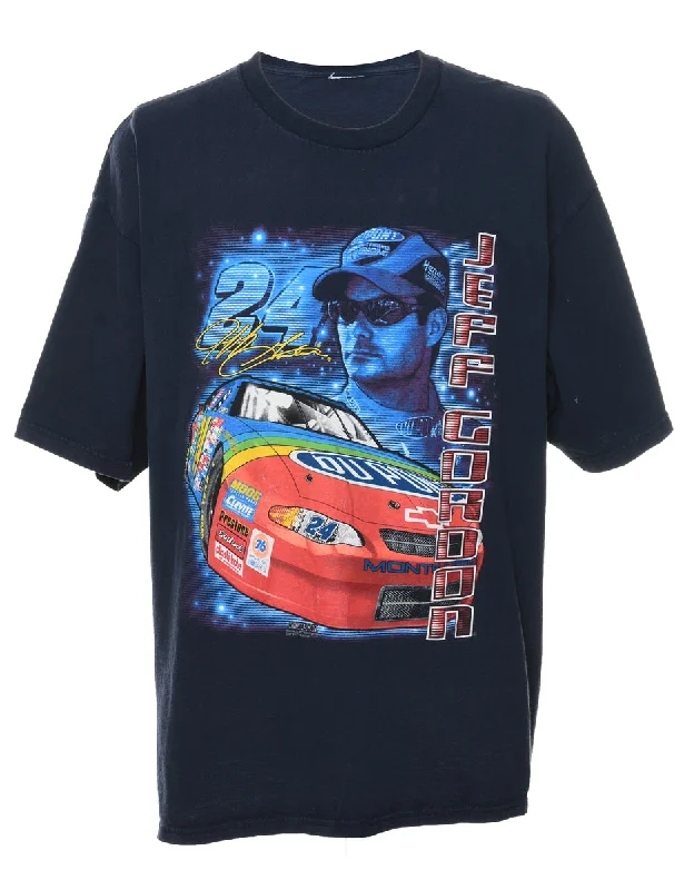Navy Car Racing Printed T-shirt - XL Polka Dot Checkered Tartan
