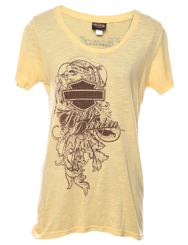 Pale Yellow Harley Davidson Y2K Printed T-shirt - M Seamless Knitted Crochet