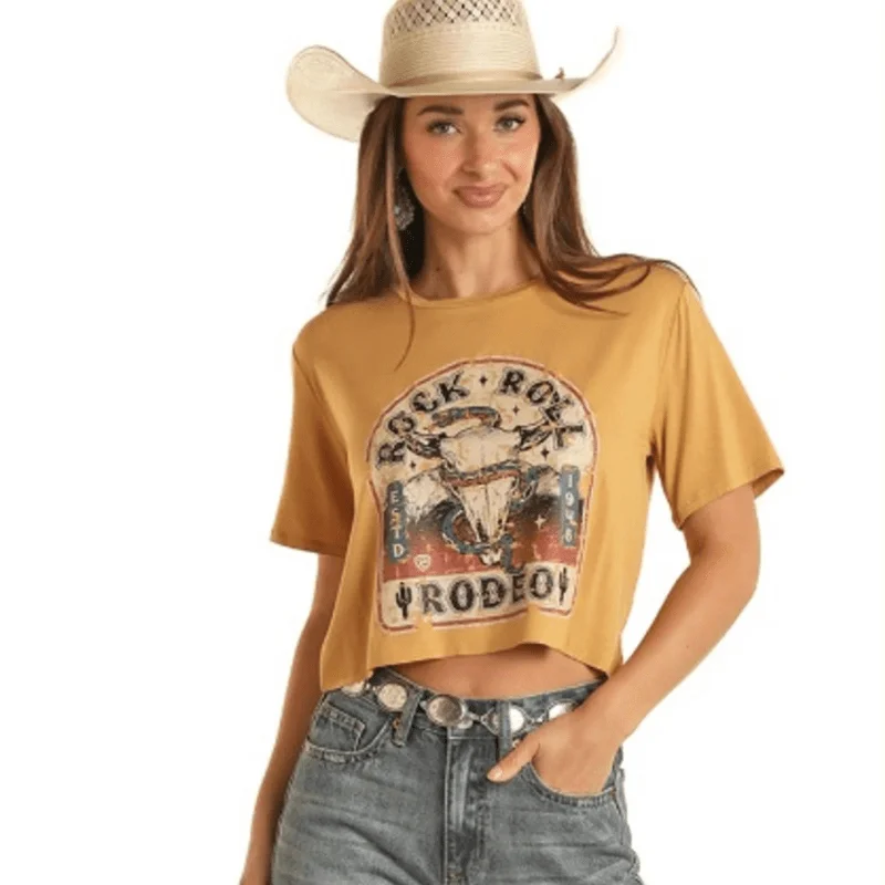 Panhandle Women's Rock & Roll Rodeo Mustard Crop Graphic Tee BW21T03309 Cashmere Blend Cotton Blend Poly Blend Panhandle Women's Rock & Roll Rodeo Mustard Crop Graphic Tee BW21T03309 Cashmere Blend Cotton Blend Poly Blend