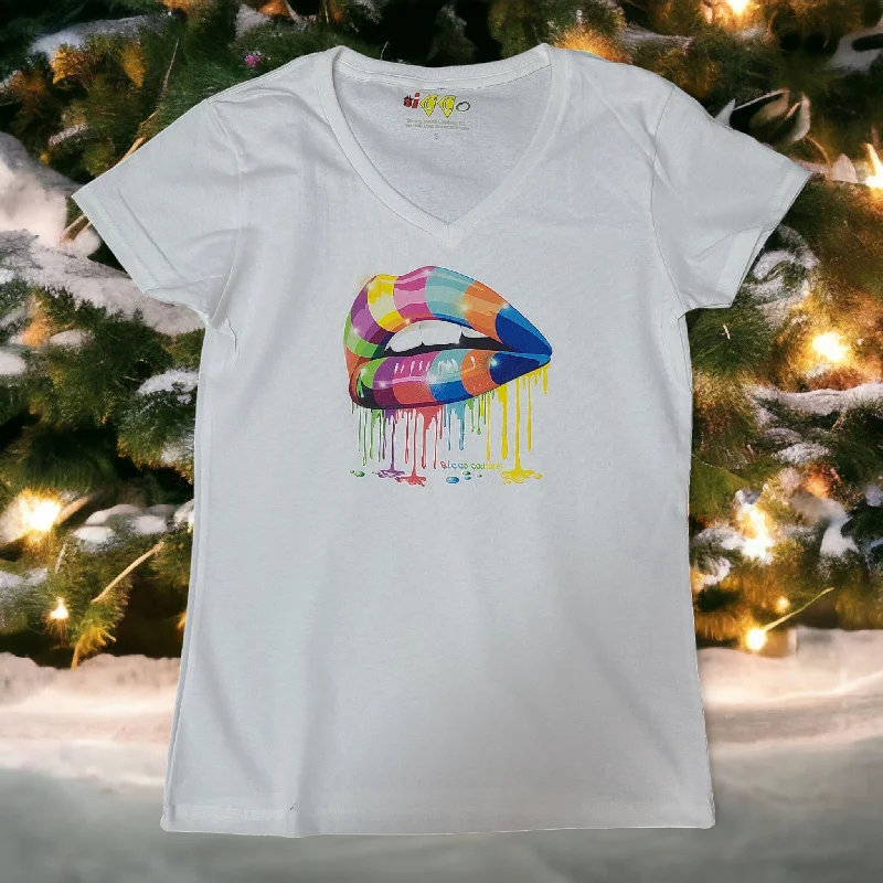 Psychedelic Lips V Neck T-Shirt for Ladies in White or Black with or without Bling Satin Fabric Silk Fabric Chiffon Fabric Psychedelic Lips V Neck T-Shirt for Ladies in White or Black with or without Bling Satin Fabric Silk Fabric Chiffon Fabric